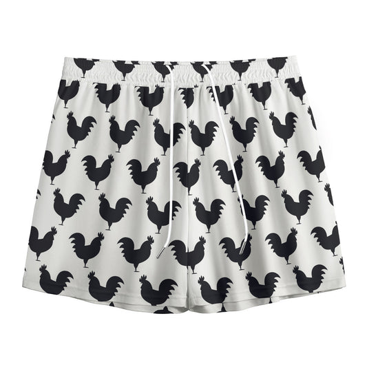 Black And White Rooster Pattern Print Mesh Shorts