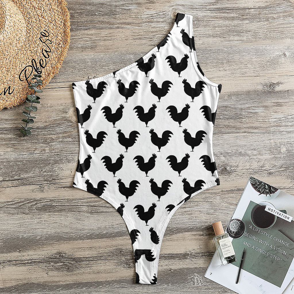 Black And White Rooster Pattern Print One Shoulder Bodysuit