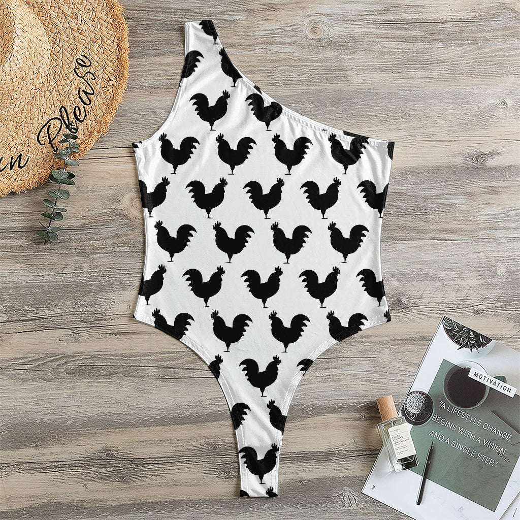 Black And White Rooster Pattern Print One Shoulder Bodysuit