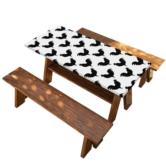 Black And White Rooster Pattern Print Picnic Table Cover