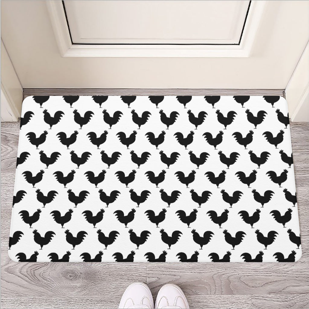 Black And White Rooster Pattern Print Rubber Doormat