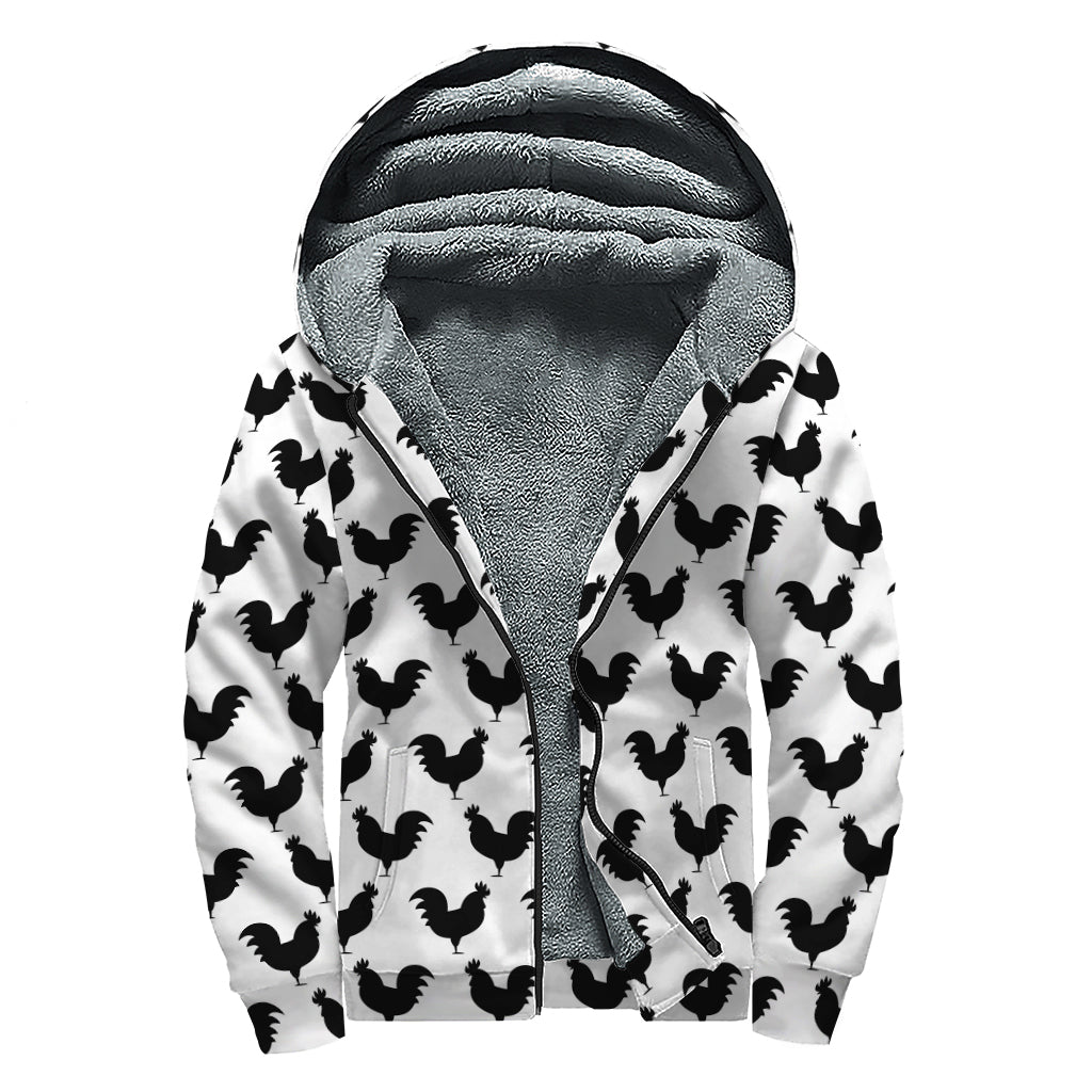 Black And White Rooster Pattern Print Sherpa Lined Zip Up Hoodie