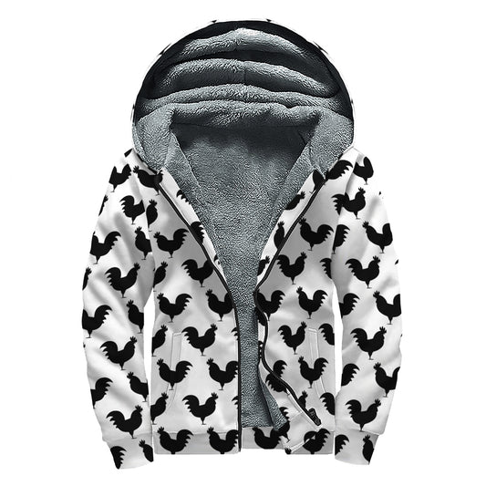 Black And White Rooster Pattern Print Sherpa Lined Zip Up Hoodie
