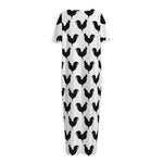 Black And White Rooster Pattern Print Short Sleeve Long Nightdress