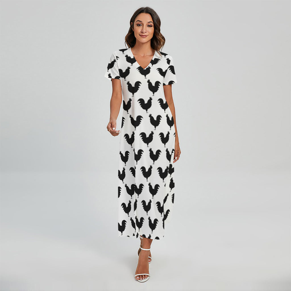 Black And White Rooster Pattern Print Short Sleeve Maxi Dress