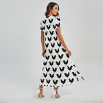 Black And White Rooster Pattern Print Short Sleeve Maxi Dress