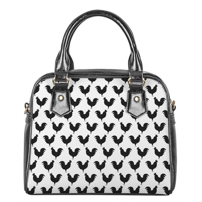 Black And White Rooster Pattern Print Shoulder Handbag