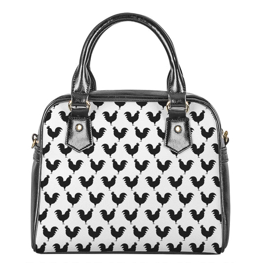 Black And White Rooster Pattern Print Shoulder Handbag
