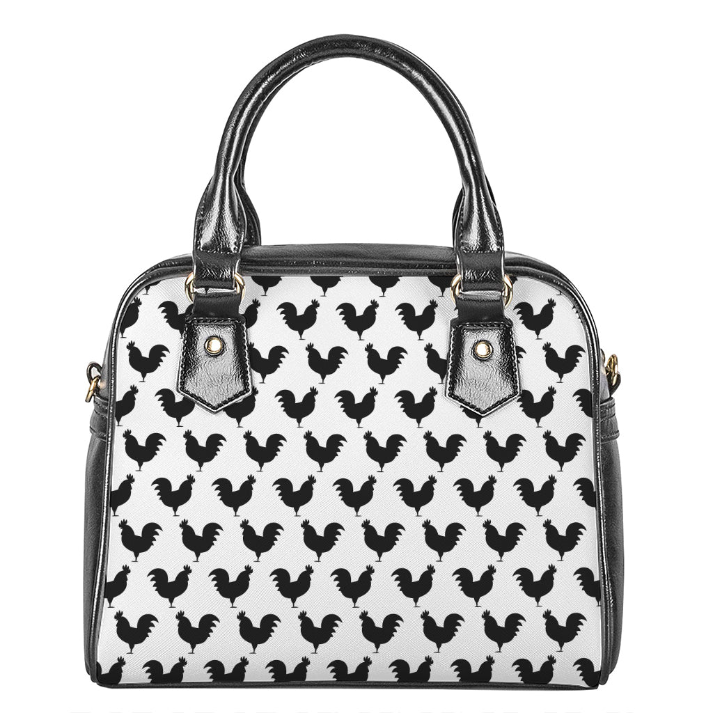 Black And White Rooster Pattern Print Shoulder Handbag