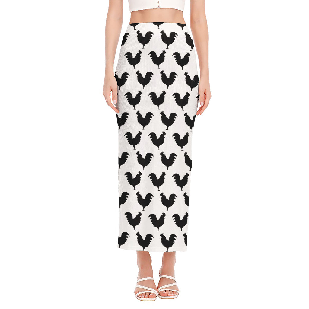 Black And White Rooster Pattern Print Side Slit Maxi Skirt