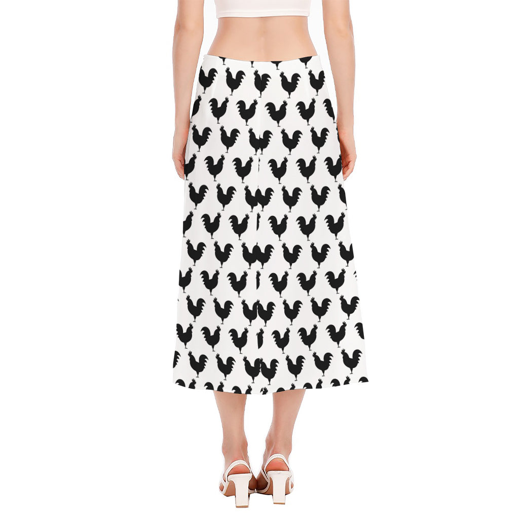 Black And White Rooster Pattern Print Side Slit Midi Skirt