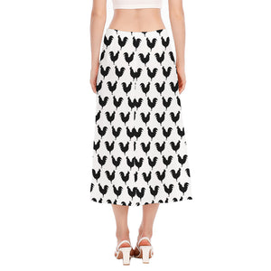 Black And White Rooster Pattern Print Side Slit Midi Skirt