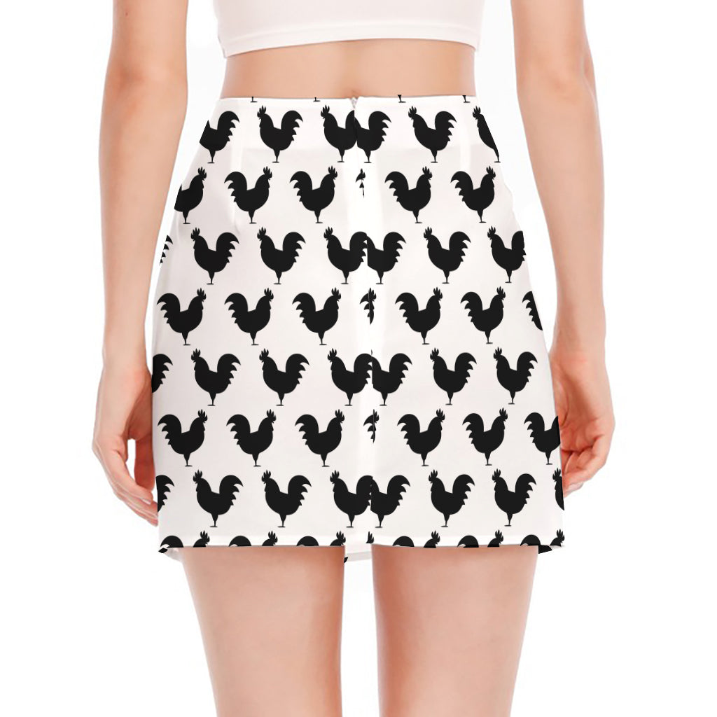 Black And White Rooster Pattern Print Side Slit Mini Skirt