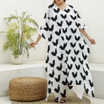 Black And White Rooster Pattern Print Silk V-Neck Kaftan Dress