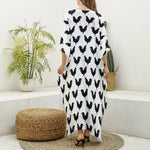 Black And White Rooster Pattern Print Silk V-Neck Kaftan Dress