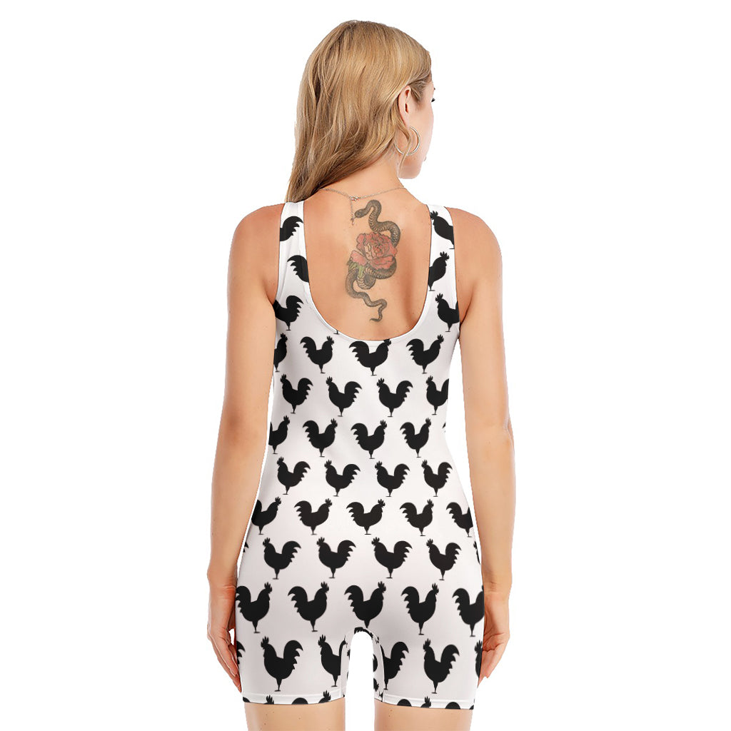 Black And White Rooster Pattern Print Sleeveless One Piece Swimsuit