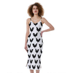 Black And White Rooster Pattern Print Slim Fit Midi Cami Dress