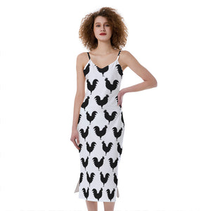 Black And White Rooster Pattern Print Slim Fit Midi Cami Dress