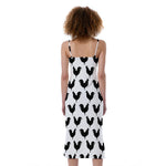 Black And White Rooster Pattern Print Slim Fit Midi Cami Dress