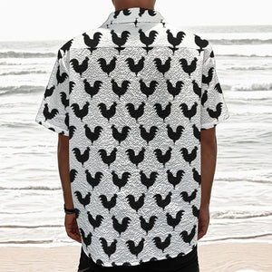 Black And White Rooster Pattern Print Textured Short Sleeve Shirt