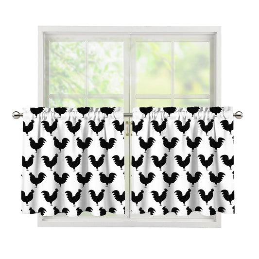 Black And White Rooster Pattern Print Tier Curtains