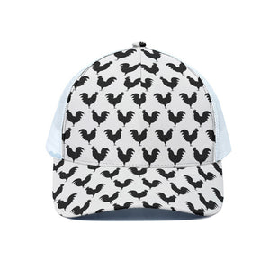 Black And White Rooster Pattern Print White Mesh Trucker Cap