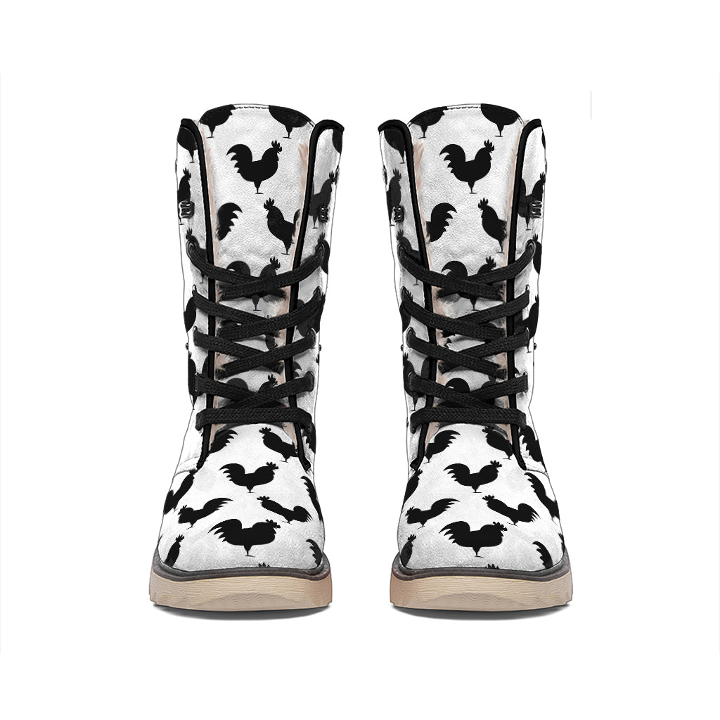 Black And White Rooster Pattern Print Winter Boots