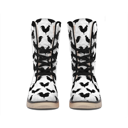 Black And White Rooster Pattern Print Winter Boots