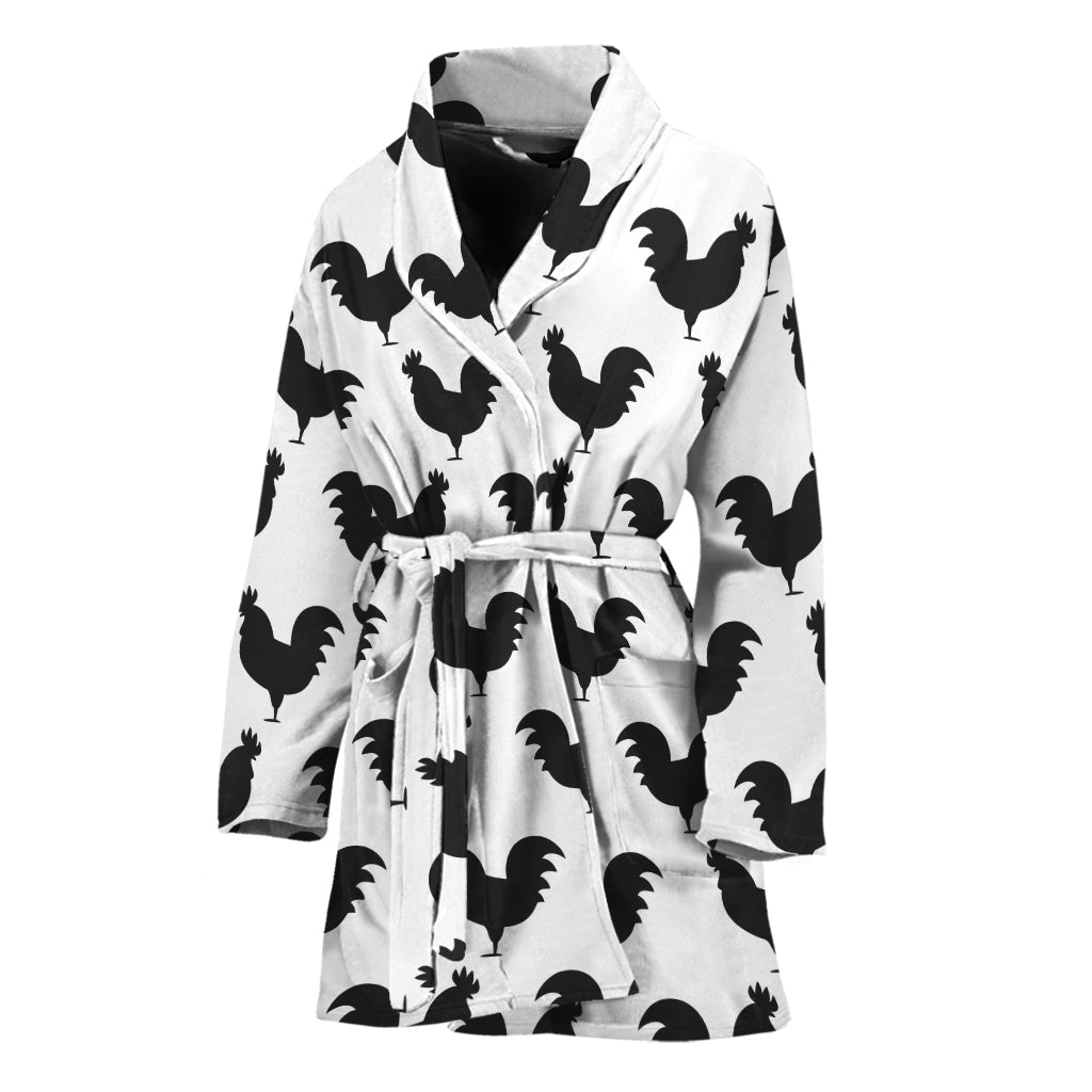 Black And White Rooster Pattern Print Women's Bathrobe