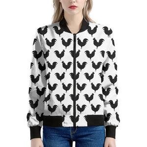 Black And White Rooster Pattern Print Women's Bomber Jacket