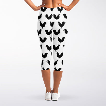 Black And White Rooster Pattern Print Women's Capri Leggings