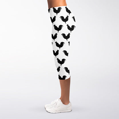 Black And White Rooster Pattern Print Women's Capri Leggings