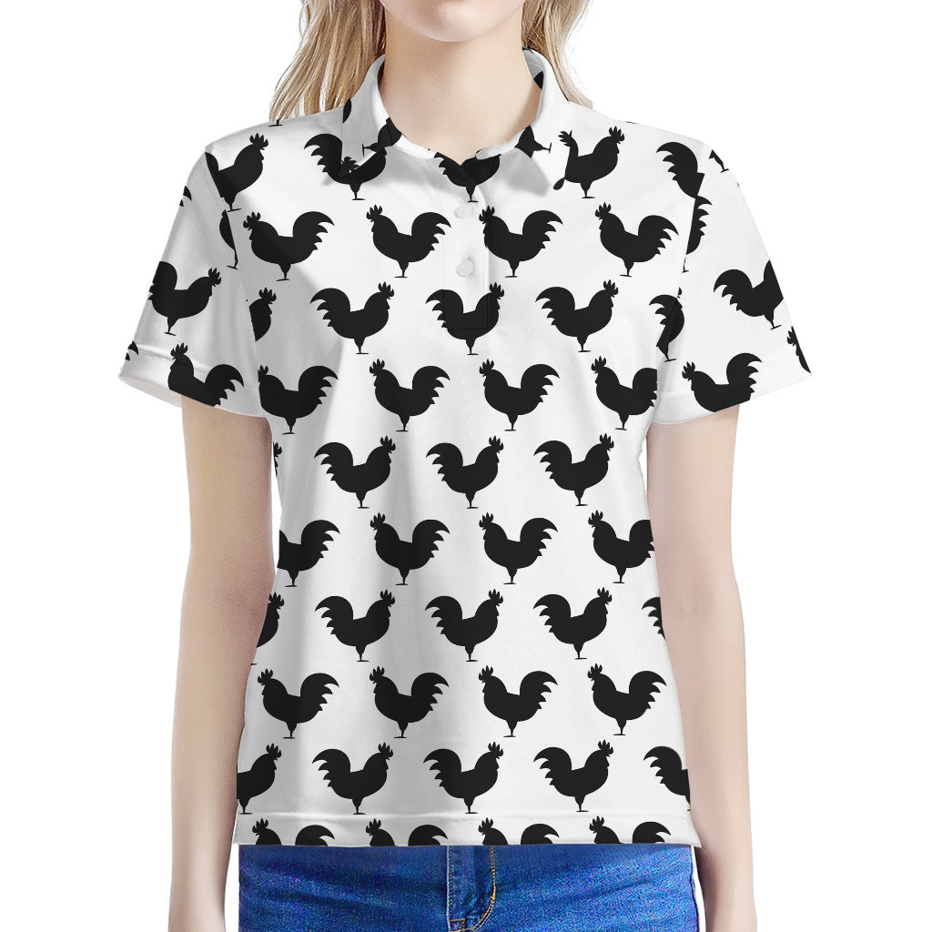 Black And White Rooster Pattern Print Women's Polo Shirt