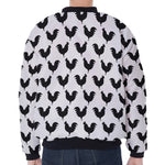 Black And White Rooster Pattern Print Zip Sleeve Bomber Jacket