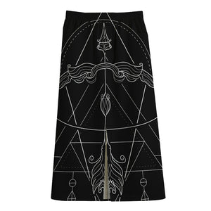 Black And White Sagittarius Sign Print Cotton Front Slit Maxi Skirt