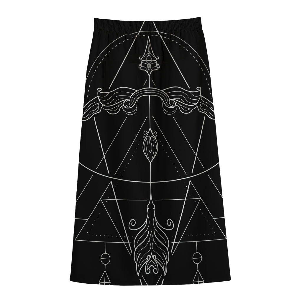 Black And White Sagittarius Sign Print Cotton Front Slit Maxi Skirt