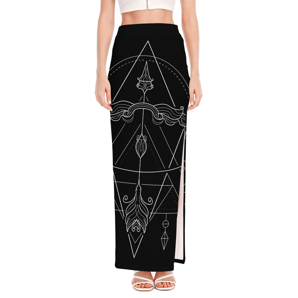 Black And White Sagittarius Sign Print High Slit Maxi Skirt