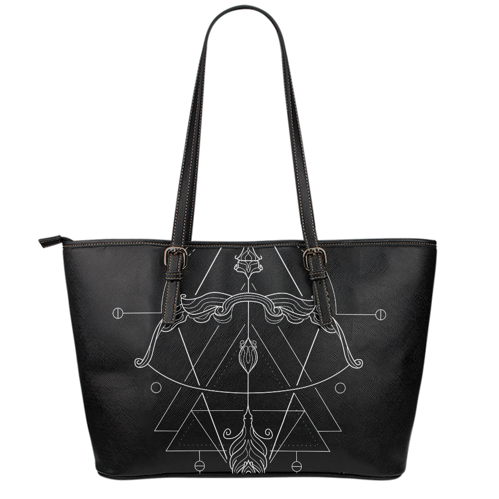 Black And White Sagittarius Sign Print Leather Tote Bag