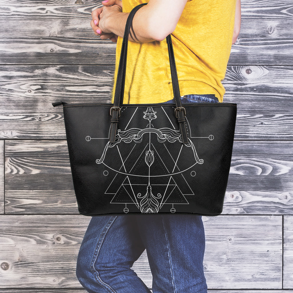 Black And White Sagittarius Sign Print Leather Tote Bag