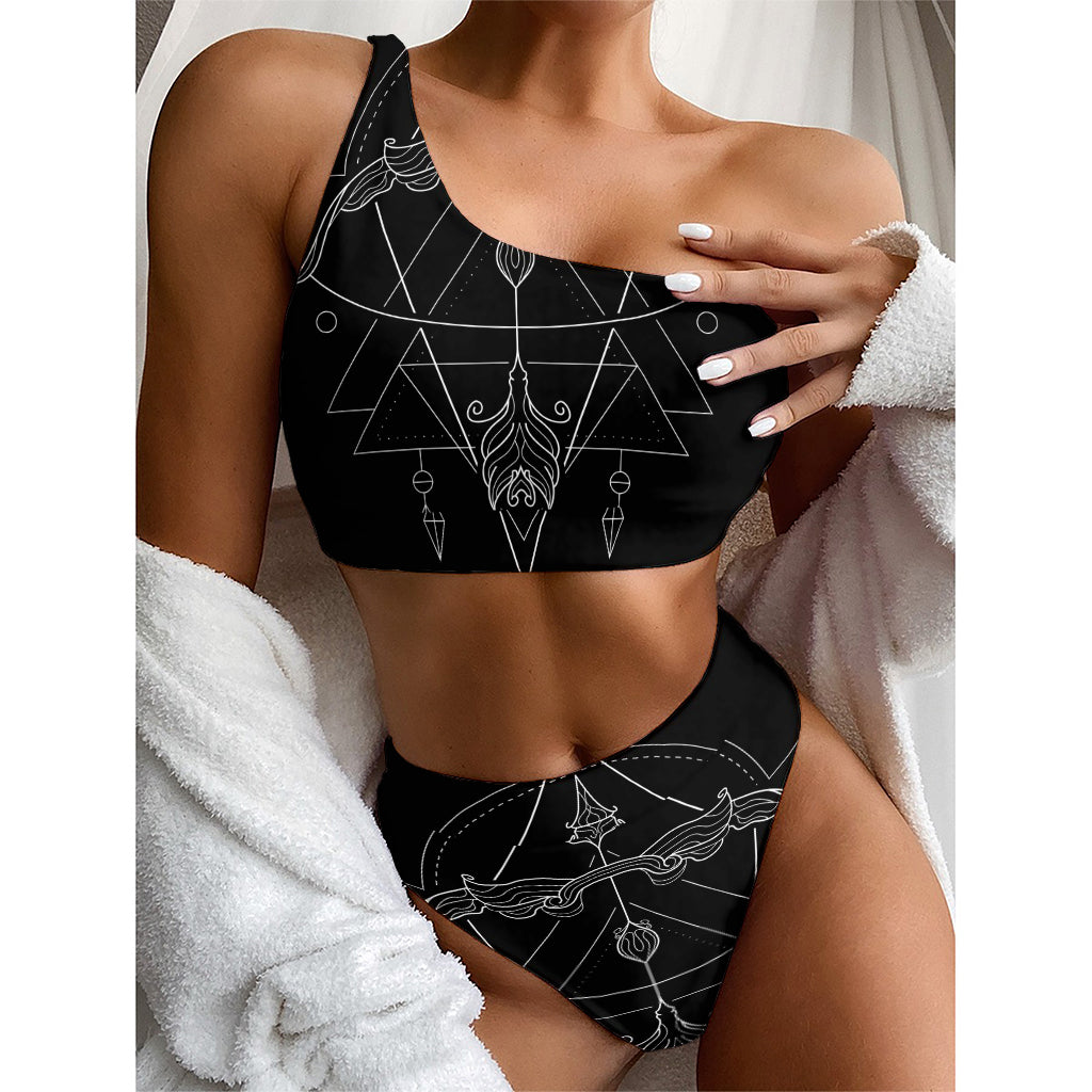 Black And White Sagittarius Sign Print One Shoulder Bikini Top