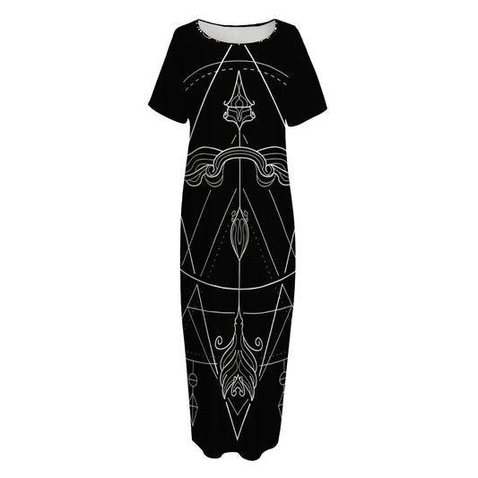 Black And White Sagittarius Sign Print Short Sleeve Long Nightdress