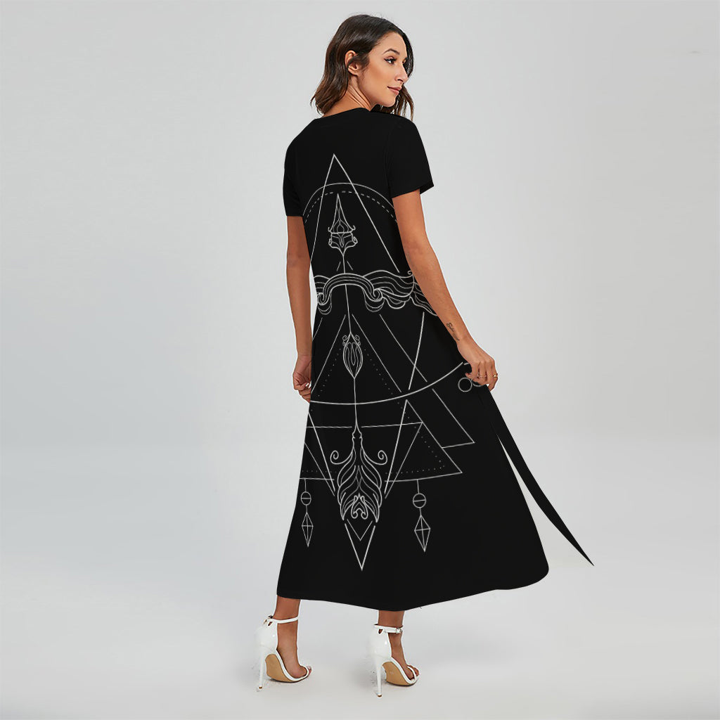 Black And White Sagittarius Sign Print Short Sleeve Maxi Dress