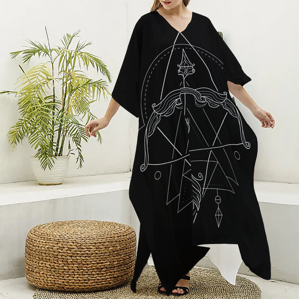 Black And White Sagittarius Sign Print Silk V-Neck Kaftan Dress