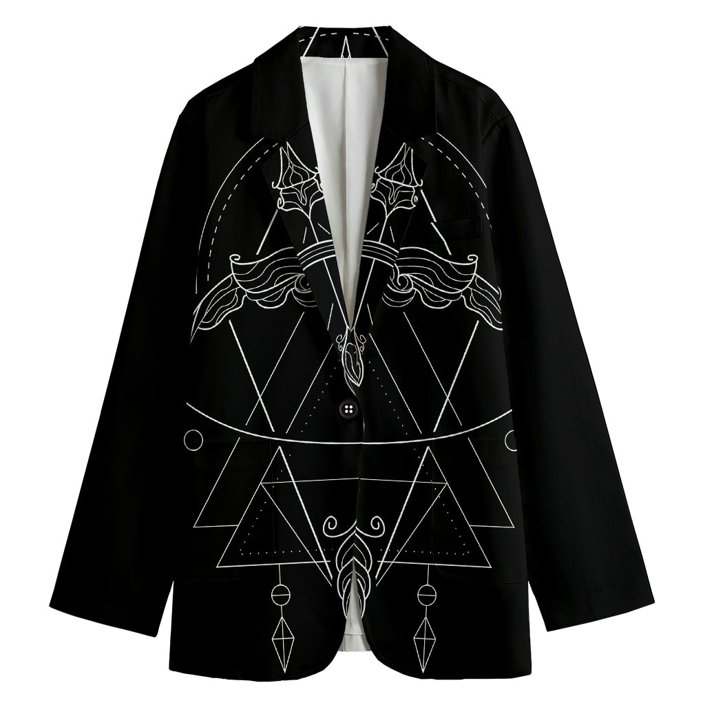 Black And White Sagittarius Sign Print Women's Cotton Blazer