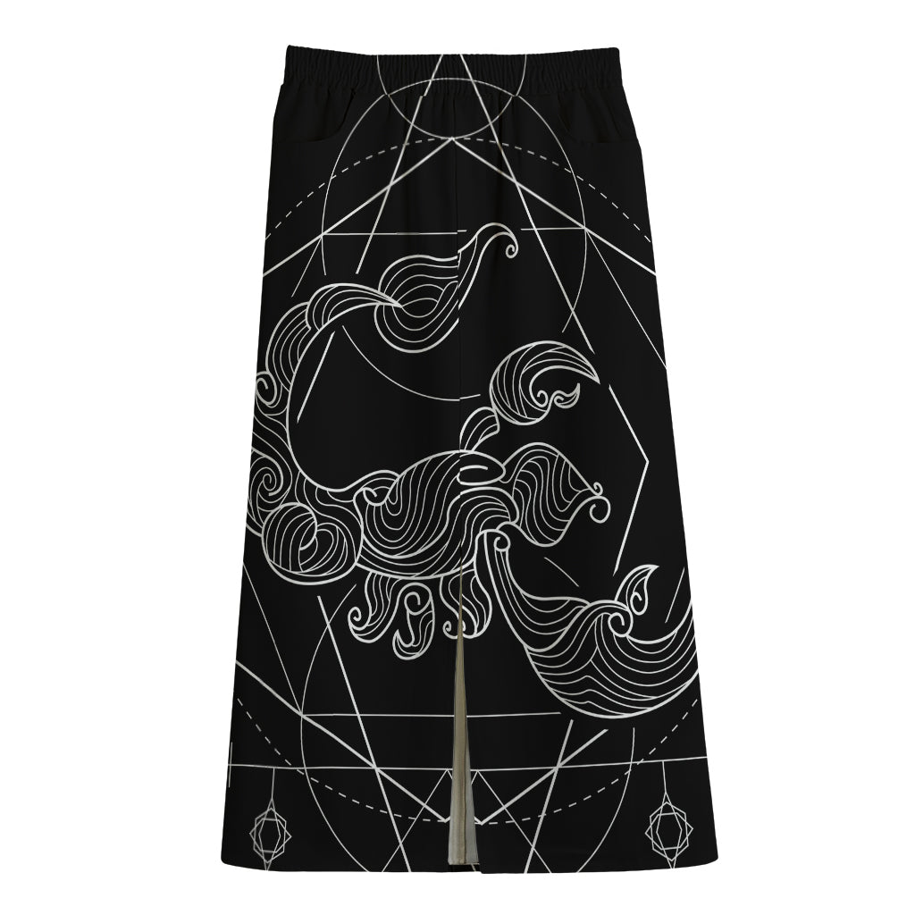 Black And White Scorpio Sign Print Cotton Front Slit Maxi Skirt