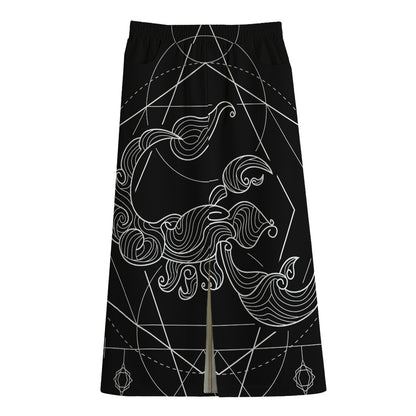 Black And White Scorpio Sign Print Cotton Front Slit Maxi Skirt