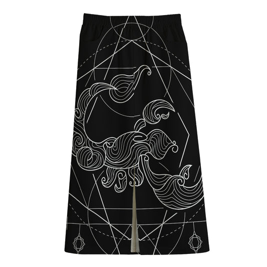 Black And White Scorpio Sign Print Cotton Front Slit Maxi Skirt