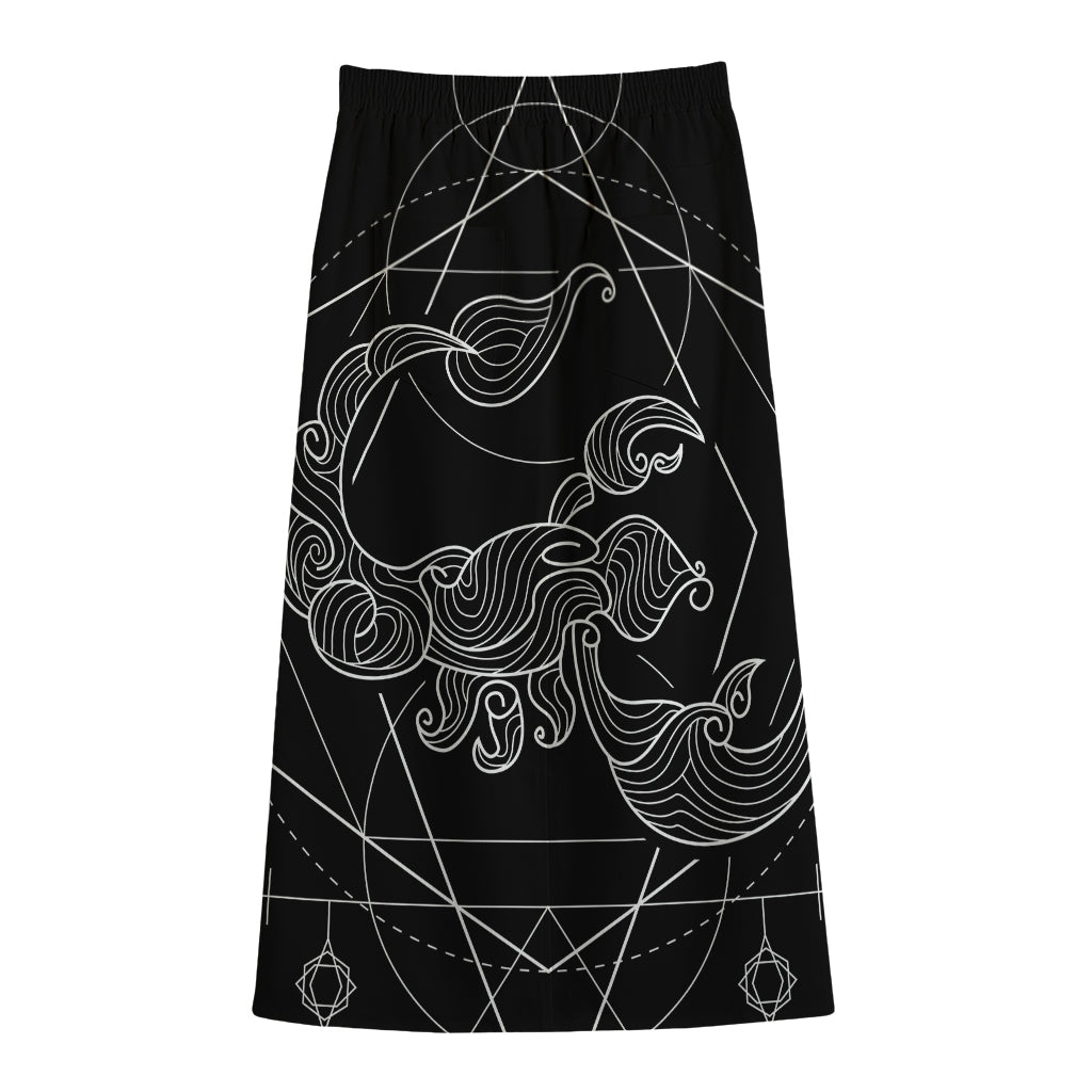 Black And White Scorpio Sign Print Cotton Front Slit Maxi Skirt