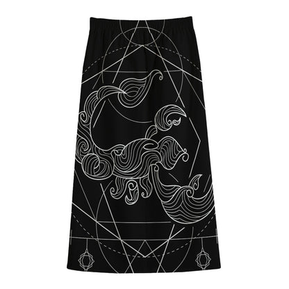Black And White Scorpio Sign Print Cotton Front Slit Maxi Skirt