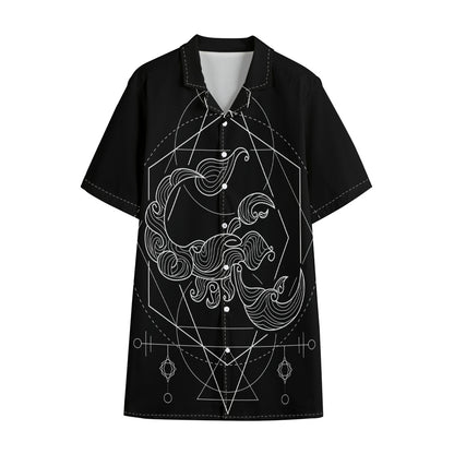 Black And White Scorpio Sign Print Cotton Hawaiian Shirt